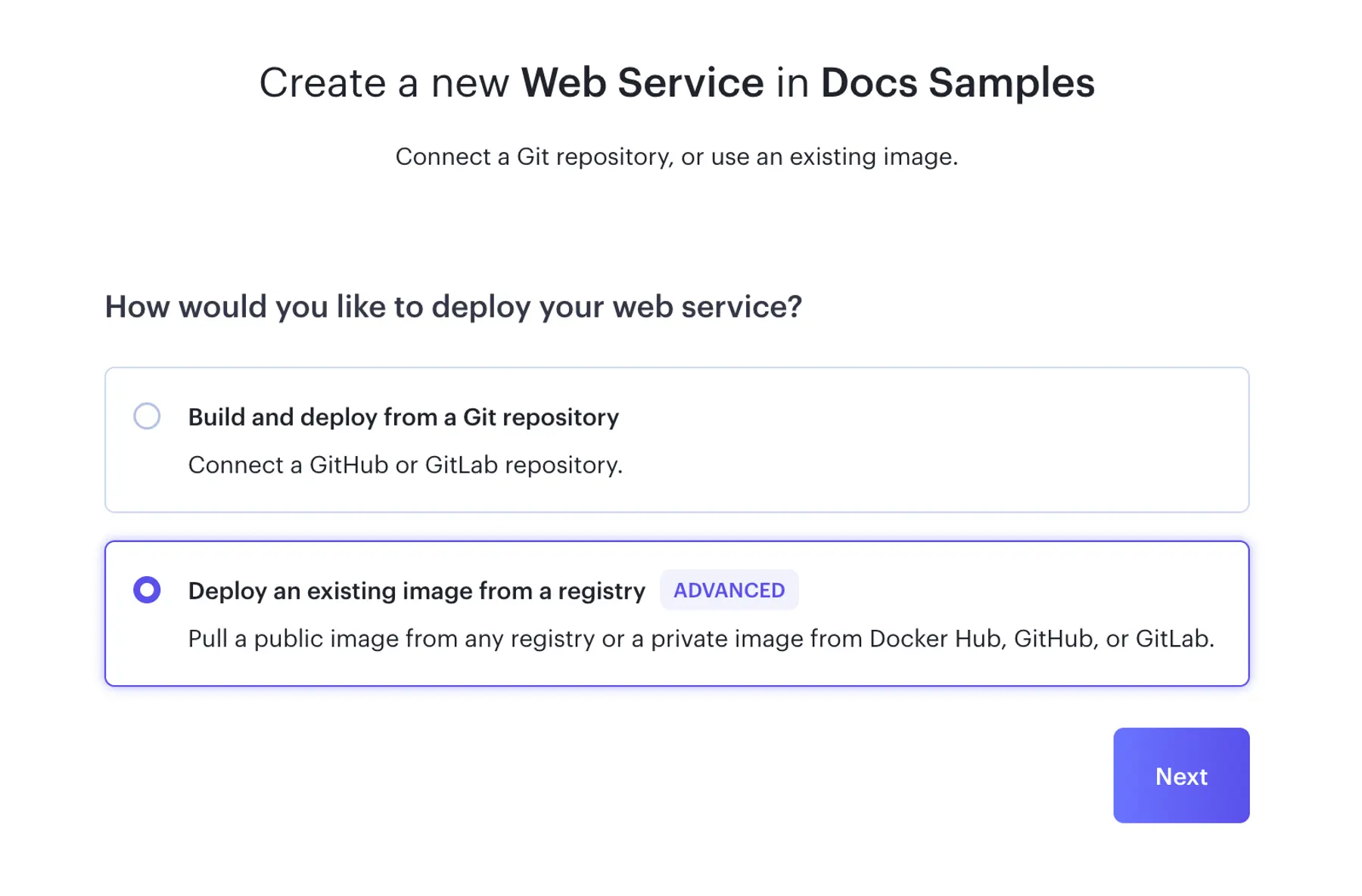 Choosing a deploy method in the Render Dashboard