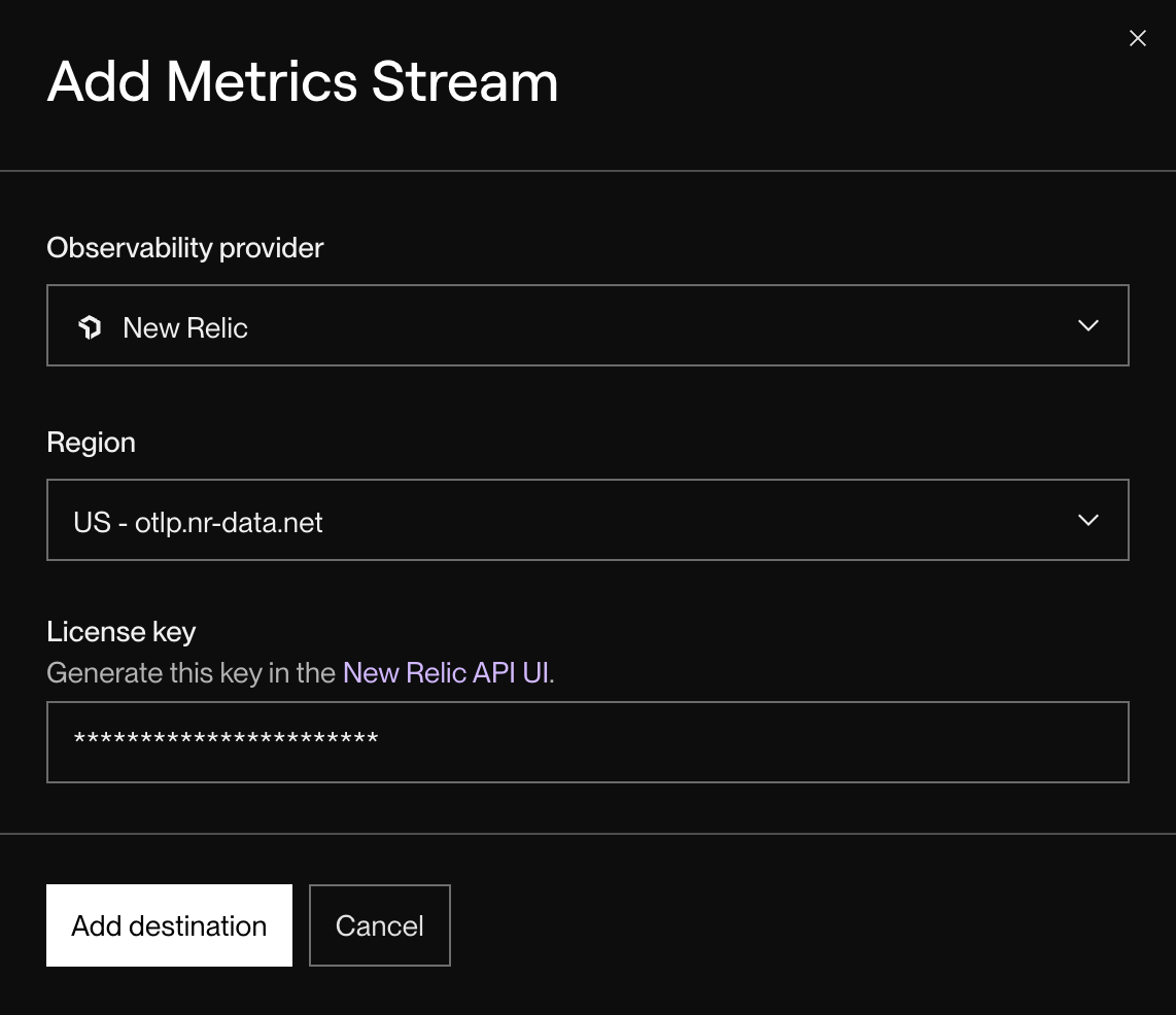 Configuring a metrics stream in the Render Dashboard
