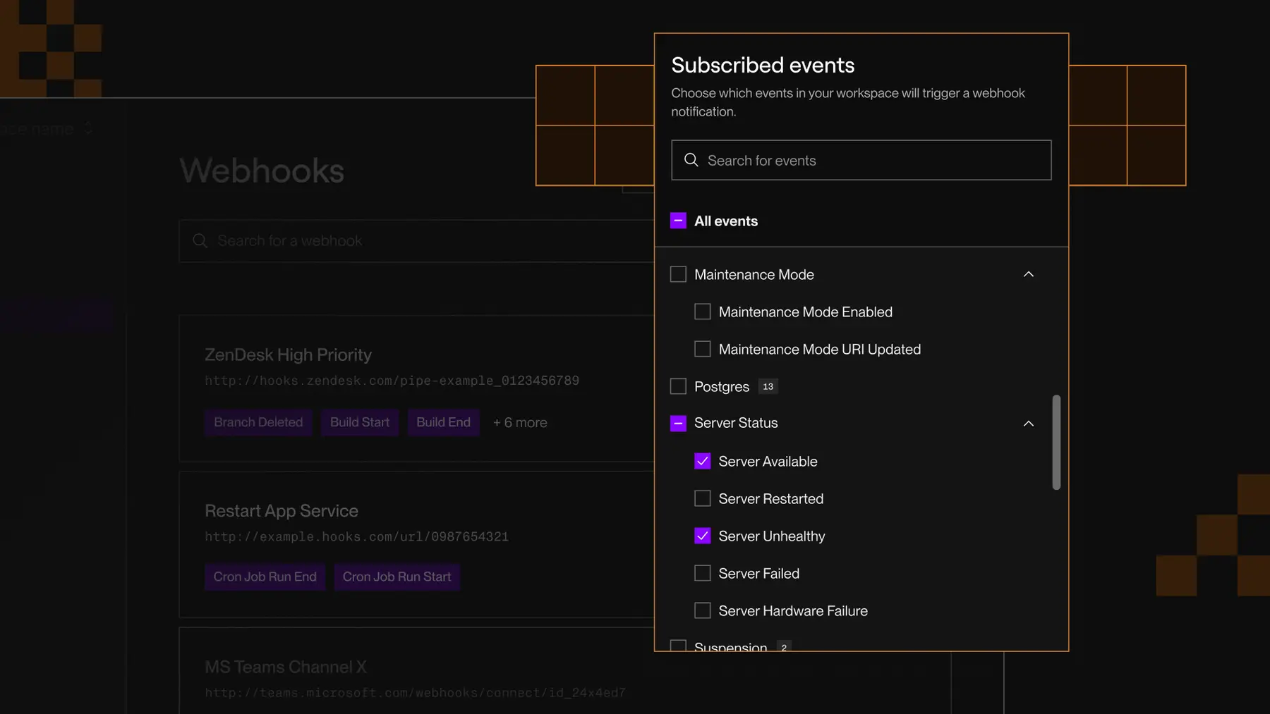 Generate webhook notifications for any combination of nearly 50 different event types.