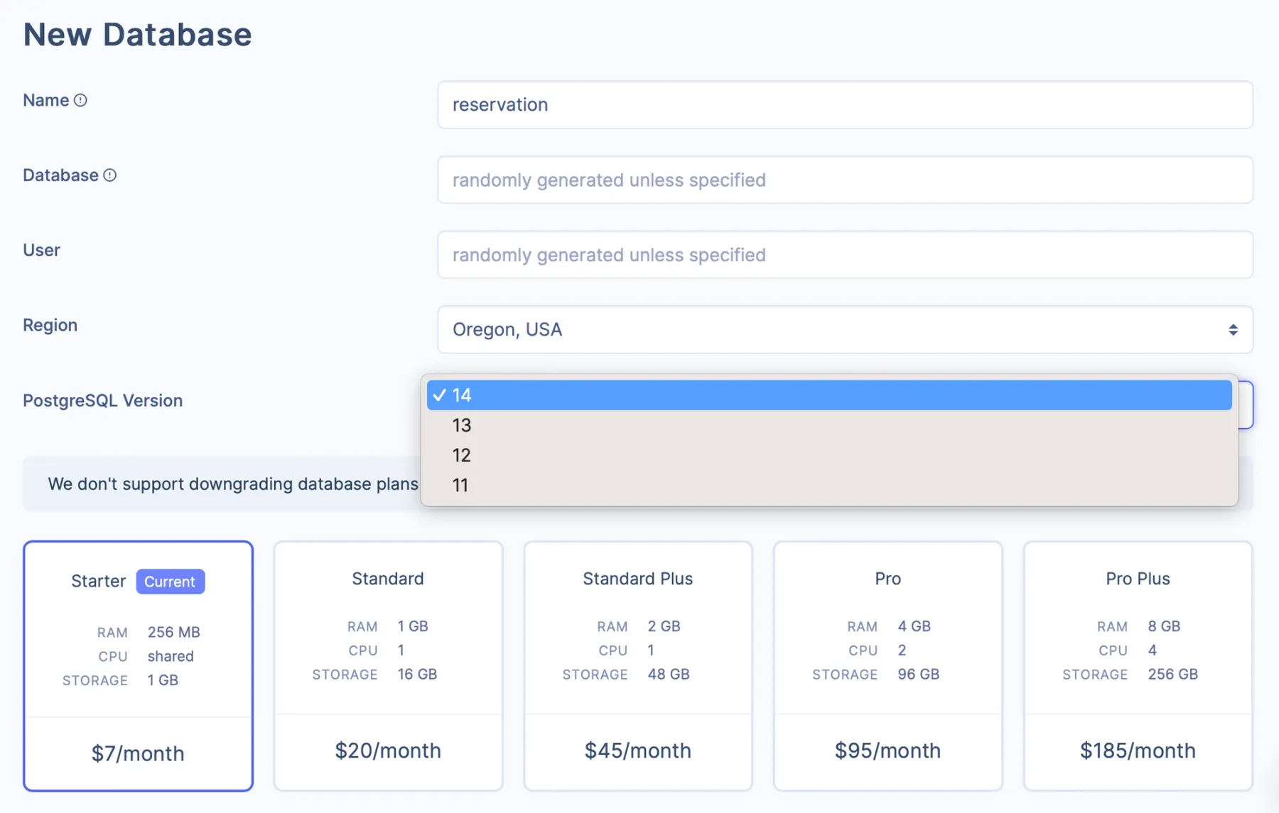 A screenshot of the Render Dashboard while creating a new PostgreSQL 14 database