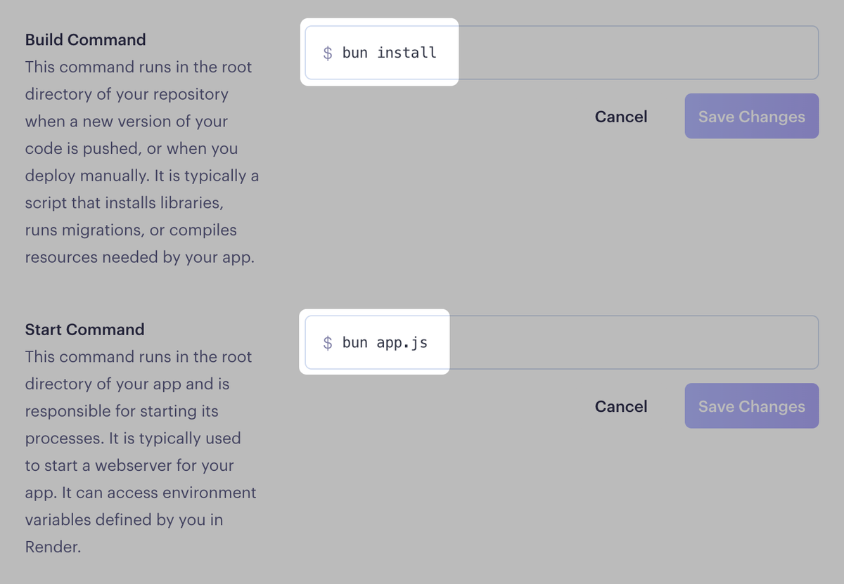 Updating a service's build and start commands to use Bun