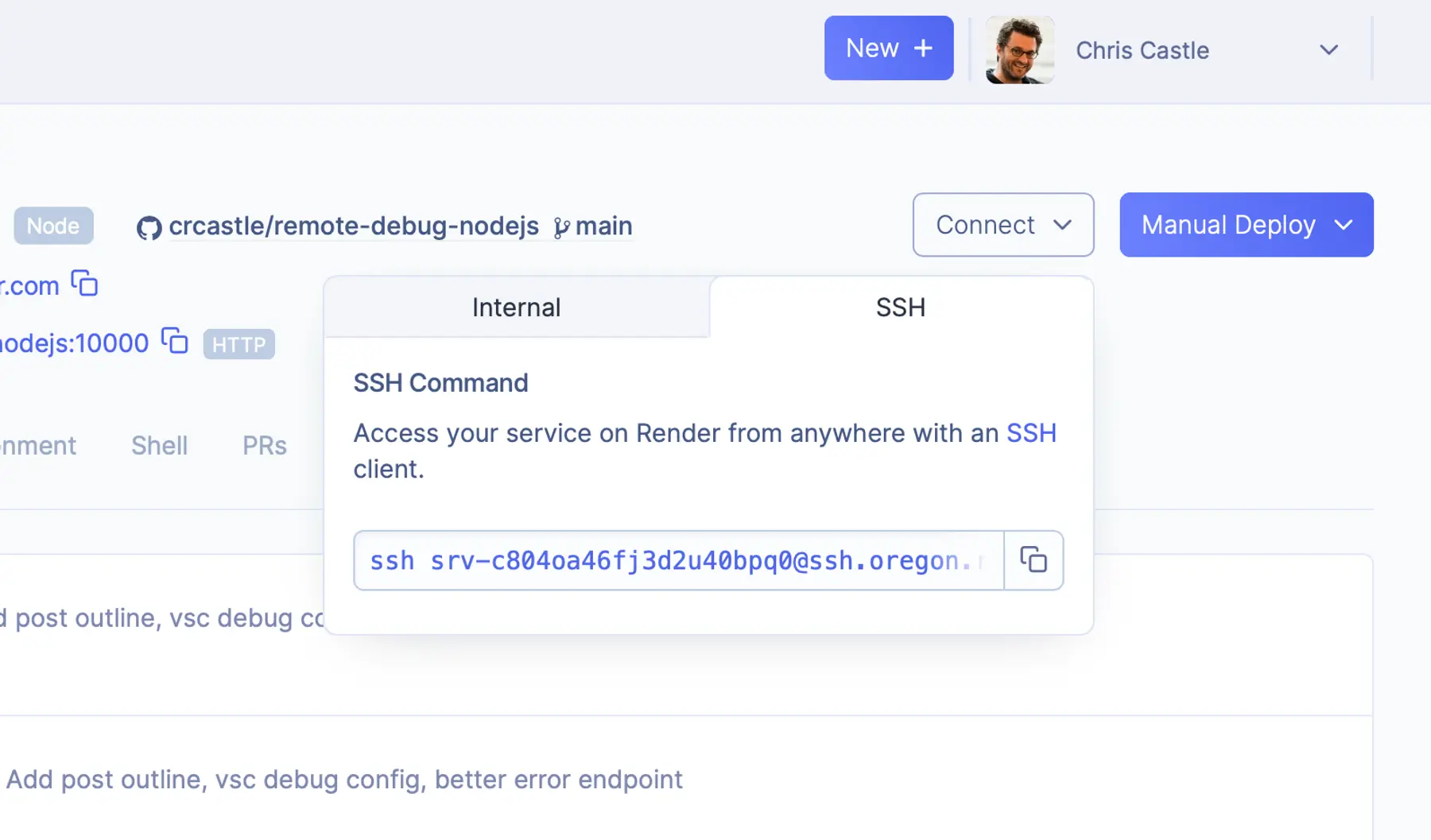 The <code>ssh</code> command for a Web Service