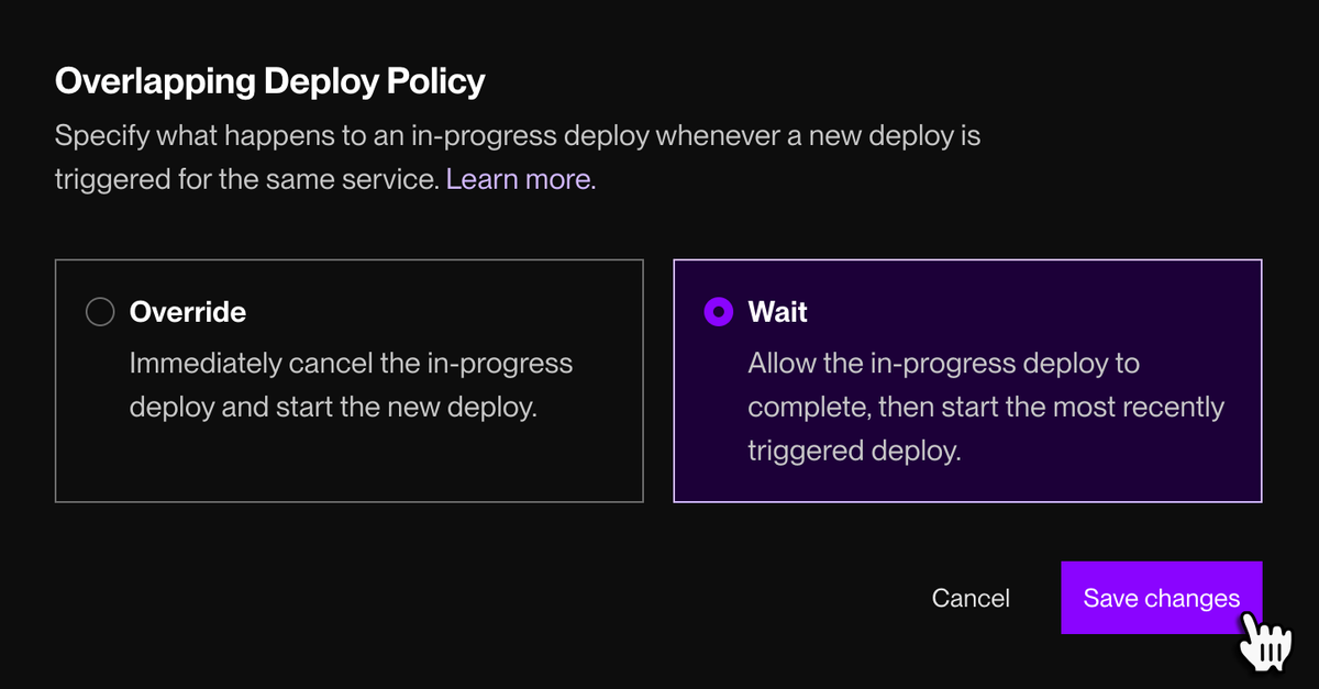 Selecting an overlapping deploy policy in the Render Dashboard