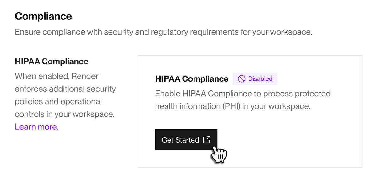 Initiating the HIPAA enablement flow in the Render Dashboard