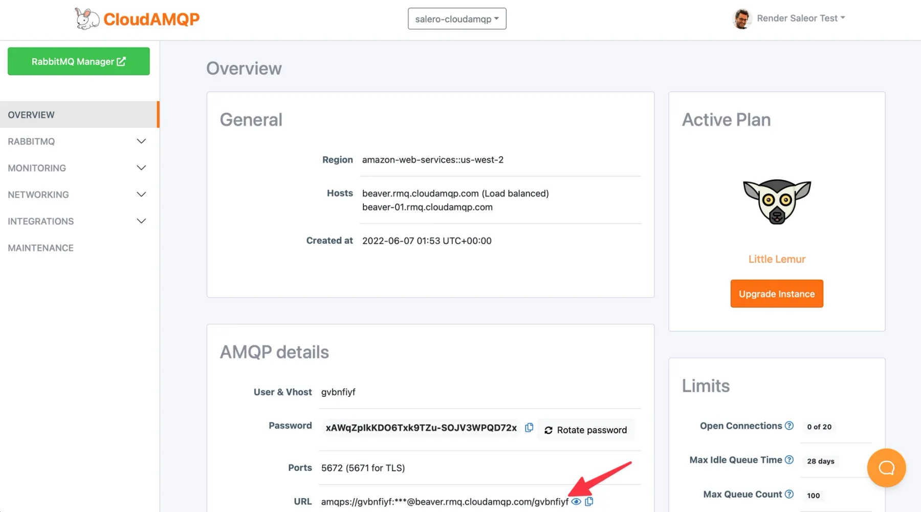 Copy the CloudAMQP URL to the clipboard
