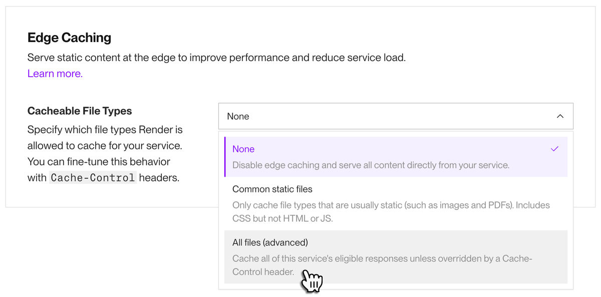 Enabling edge caching for all file types in the Render Dashboard