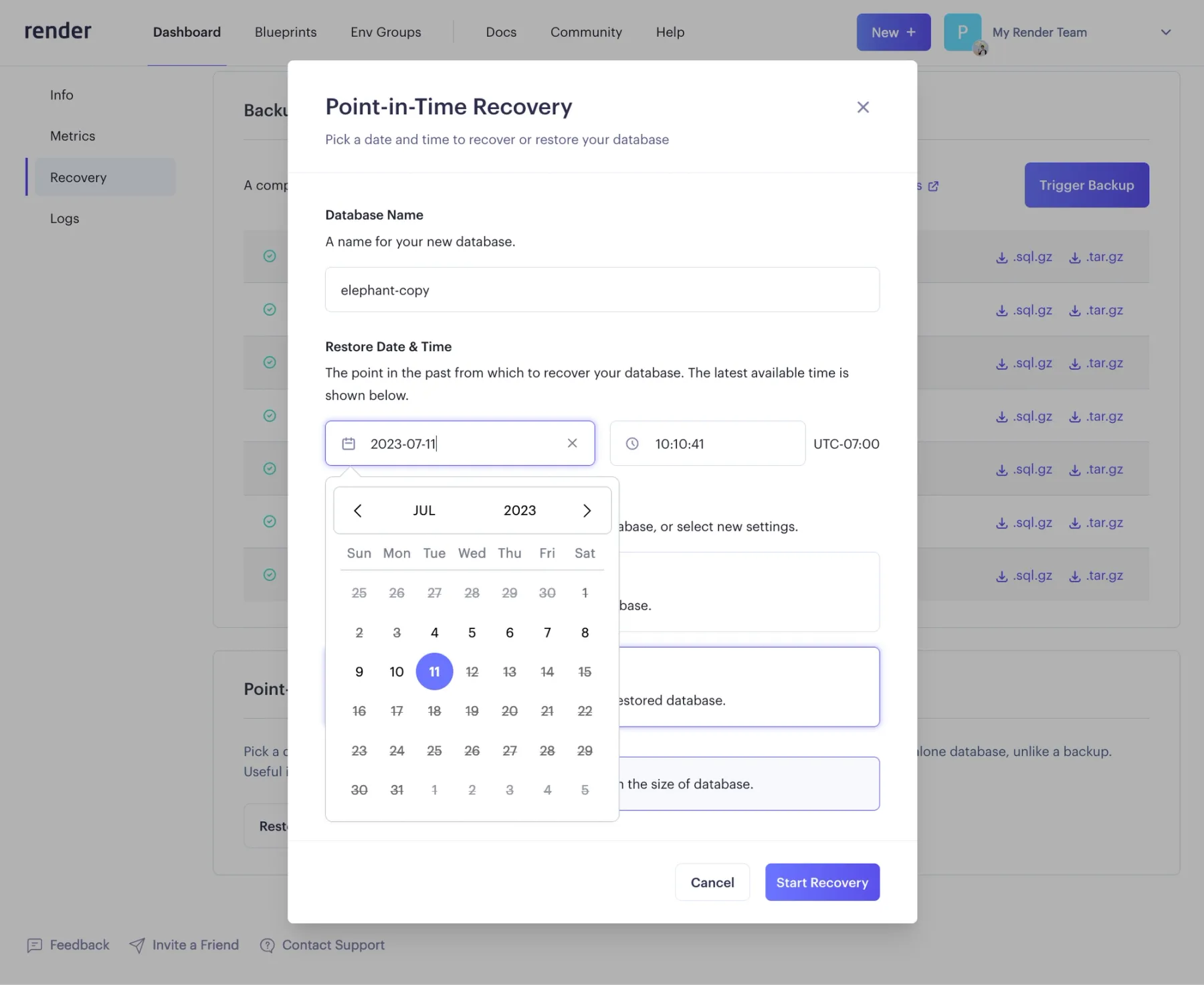 PITR modal with archive date picker open