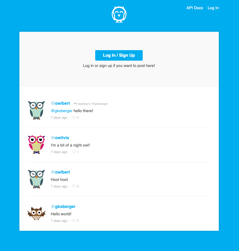Hoot, a Twitter clone used to demo ReadMe’s interactive API explorer