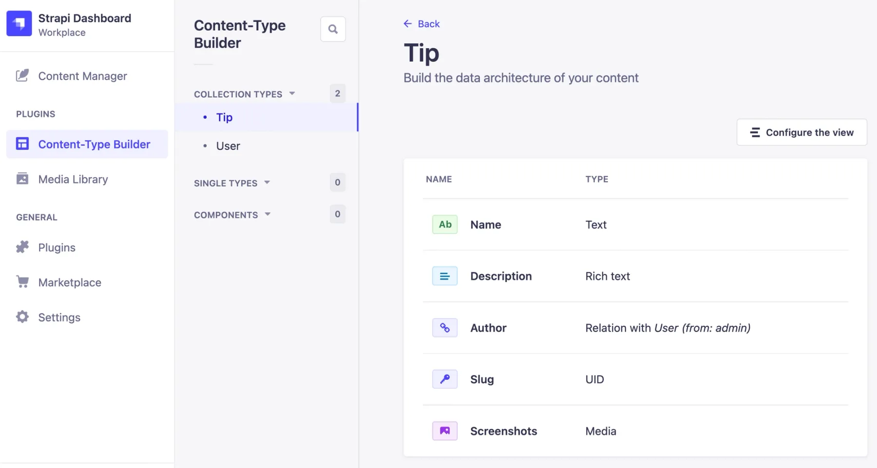 The Tip Content Type in the Strapi Admin GUI