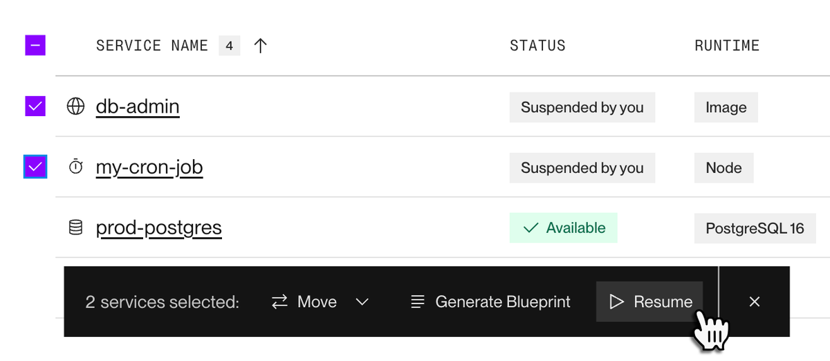Resuming multiple suspended services in the Render Dashboard