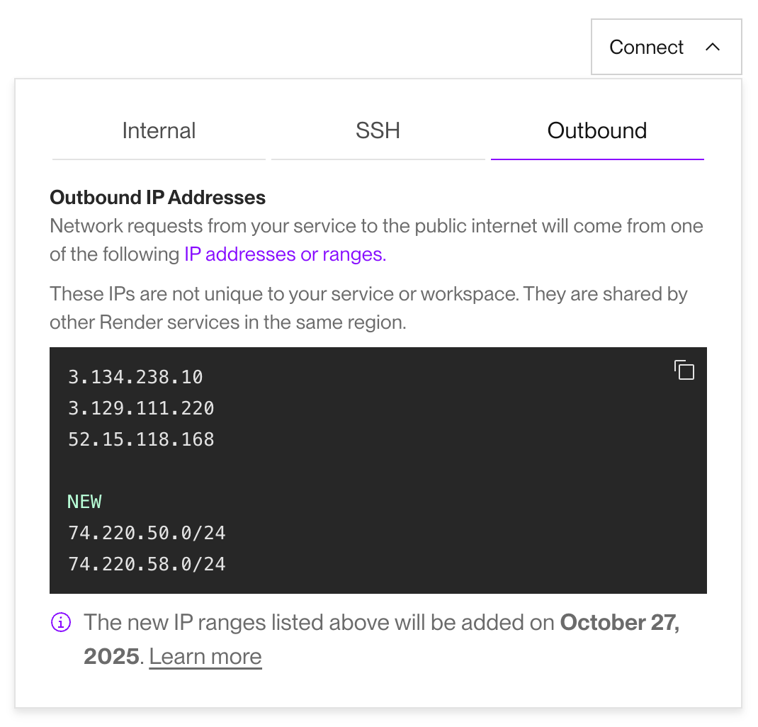 Viewing new outbound IP ranges in the Render Dashboard
