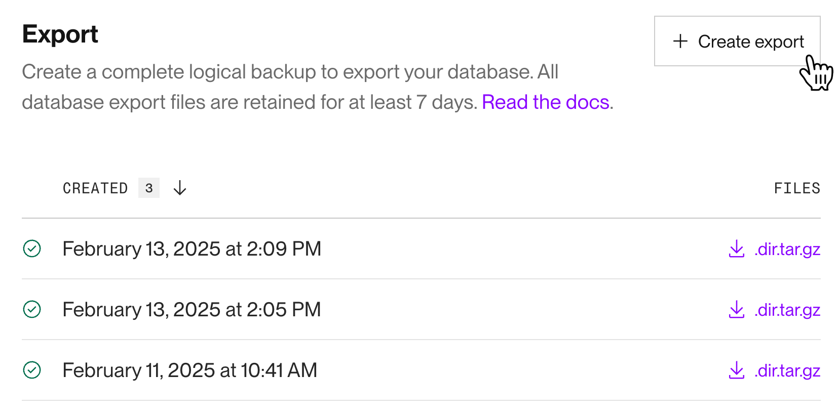 Creating a database export in the Render Dashboard