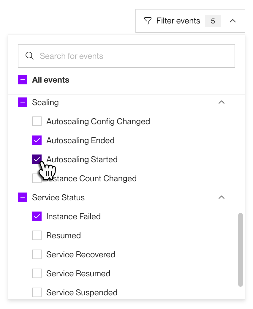Selecting service events to display in metrics