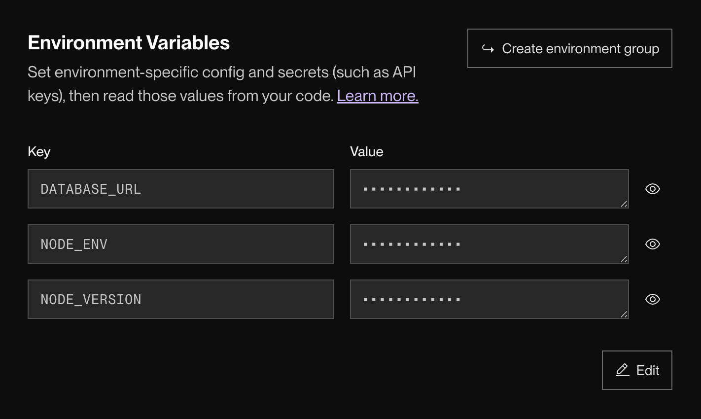 List of environment variables in the Render Dashboard
