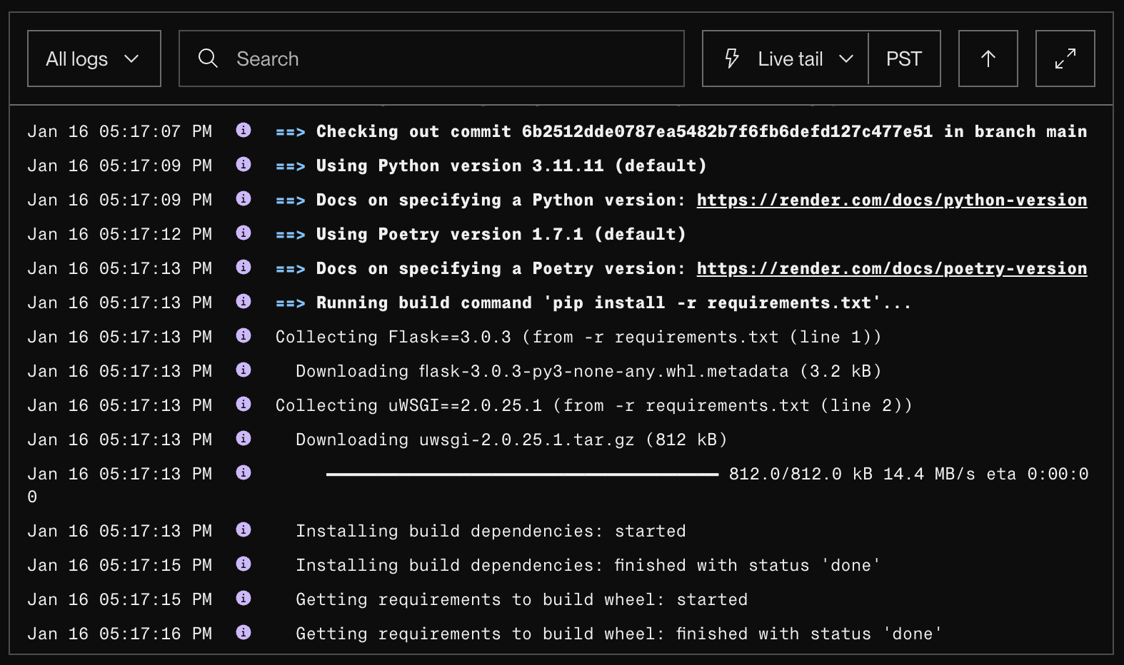 Logs for a service deploy