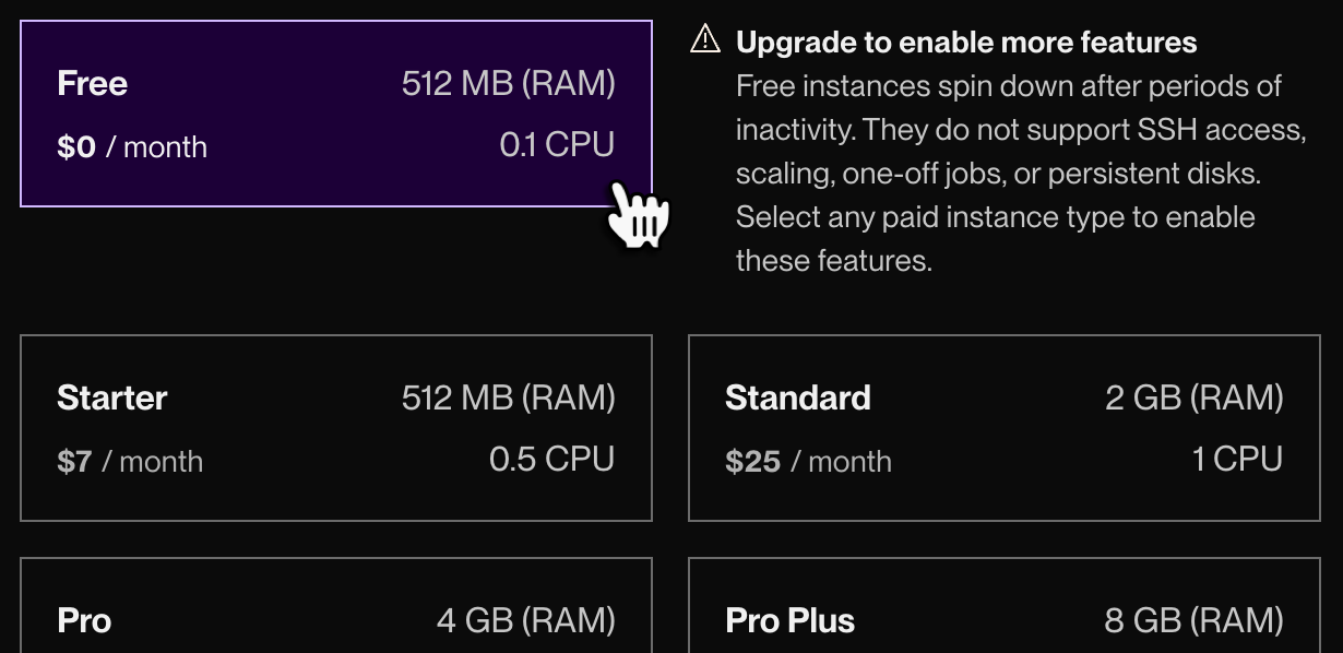 Selecting the Free instance type
