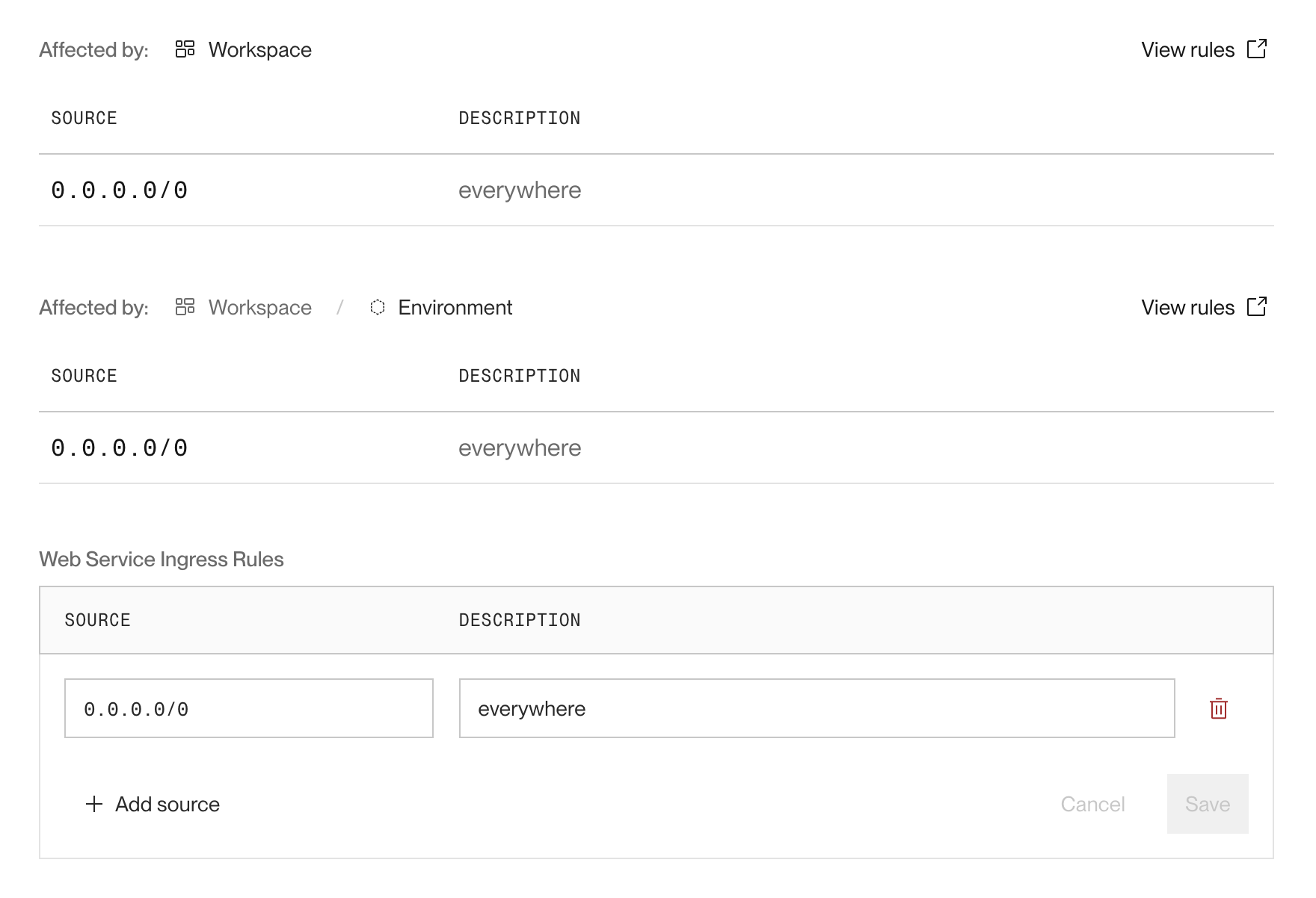 Viewing all IP rules for a service