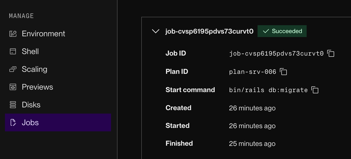 One-off job details in the Render Dashboard