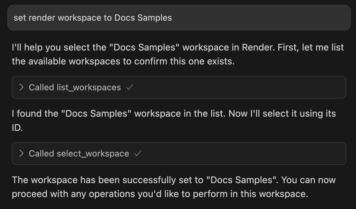 Selecting an active Render workspace in Cursor