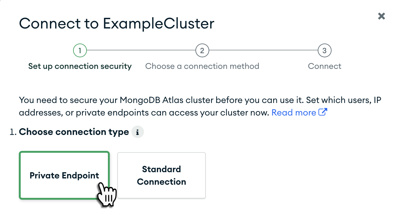 Selecting a connection method in the Atlas UI