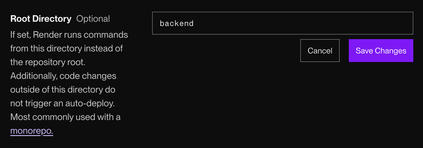 Setting a root directory in the Render Dashboard